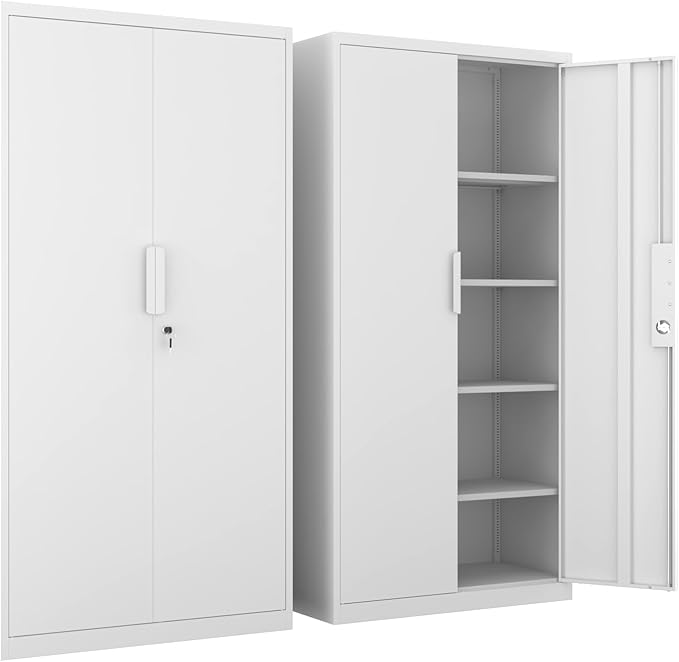 Metal Garage Storage Cabinet with Lock, 72" Tall Steel Storage Locker with 4 Adjustable Shelves, Heavy Duty Metal Cabinet for Garage, Office, Home, White