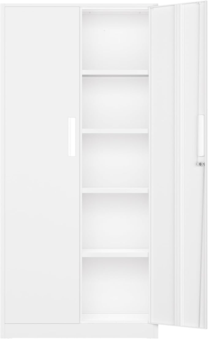 INTEGREAT Metal Storage Cabinet,71" Office Metal Cabinet with Locking Doors and Adjustable Shelves,Steel Locking Cabinets for Office,Home,Garage,Gym,School (White)