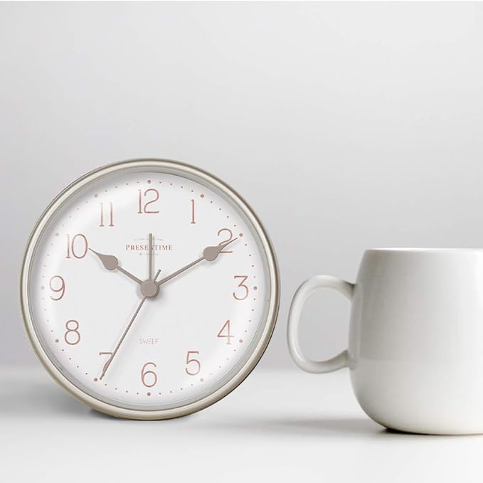 Presentime & Co 4" Chic Home Tabletop Alarm Mantel Clock, Desk and Shelf Clock, Silent no Ticking, Warm Gray and Chic Silver Finish. Tabletop Décor, Home Décor