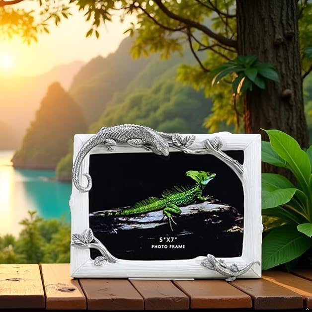 5x7 Inch Lizard Resin Picture Frame - Mother & Baby Wildlife Design, Decorative Tabletop Photo Display, Unique Home Décor Art