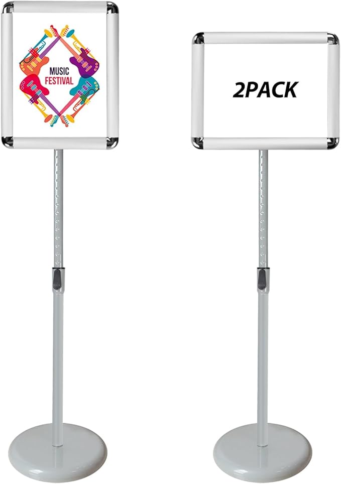 Sign Stand-Adjustable Pedestal Sign Holder Stand, Poster Stands Aluminum Snap Open Frame for 8.5X11 Inches with Heavy Round Base, Both Vertical and Horizontal Displayed (8.5x11in Silver-2Pack)
