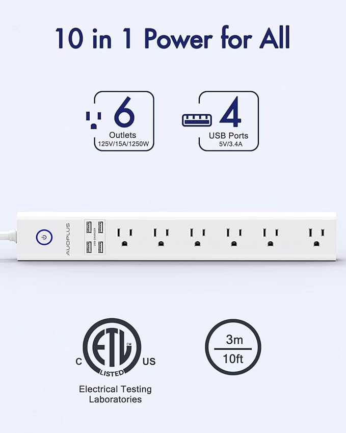 2 Pack Surge Protector Power Strip - 10FT Long Extension Cord with Multiple Outlets, 6 Widely Outlets 4 USB Charging Ports, Flat Plug Overload Surge Protection, Wall Mount for Home, Office ETL Listed