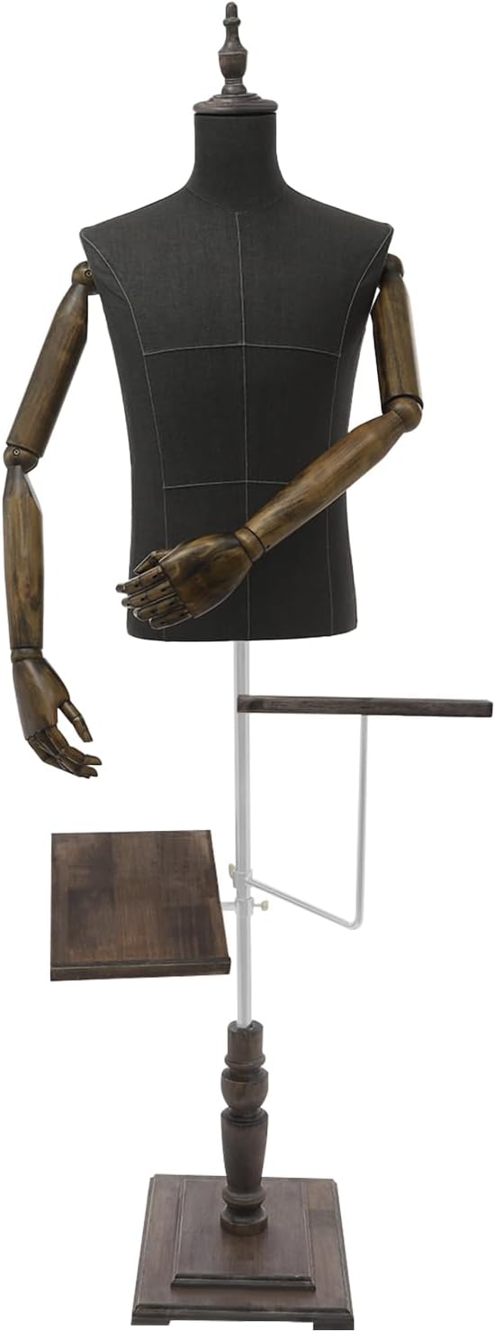 Male Clothing Display Racks, Height Adjustable Clothing Store Clothing Props with Stand and Solid Wood Arm, Male Mannequin Torso for Market Shop Window Display (Dark Grey)