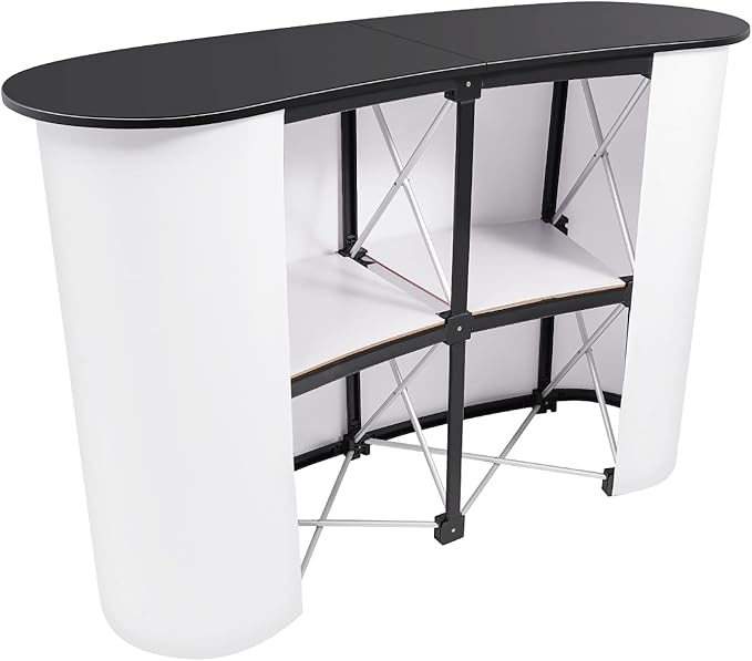 Portable Tradeshow Podium Table, Display Counter Stand with Wall, Foldable Promotion Retail Bar Table Pop Up Podium with Storage Rack