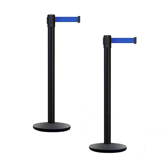 Montour Line MI650 Set of 2 Retractable Belt Barrier Stanchion, Cast Iron Base, Black Powder Coated Steel Post (16 ft Blue Belt)