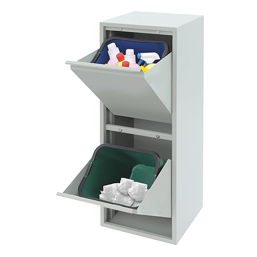 Recycling Trash Cabinet with 2 Bins & Tilt-Out Door – 15-Gallon Stainless Steel Organizer for Kitchen, Garage – Dual Waste Sorting System for Homeowners (Grey)
