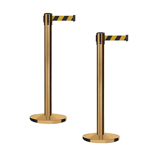 Montour Line MI650 Set of 2 Retractable Belt Barrier Stanchion, Cast Iron Base, Satin Brass Post (16 ft Black and Yellow Diagonal Belt)