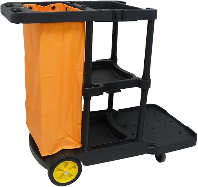 tonchean Commercial Janitorial Cart, 3-Shelf Large Capacity Housekeeping Cart with 25 Gallon Vinyl Bag & Wheels, 44.5" L x 22" W x 36.6" H, Utility Clean Trolley for Professional Cleaning, Black