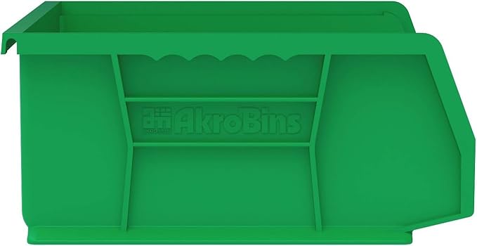 Akro-Mils 30255 AkroBins Plastic Storage Bins, Space-Saving Stackable Bins for Garage, Pantry, Craft Organization, 11-" x 16-" x 5-", Green, 6-Pack