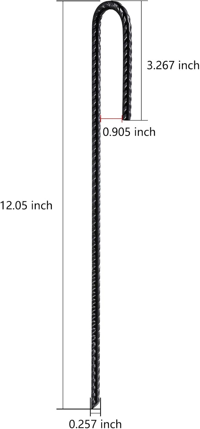 Rebar U/J Hook Extra Heavy Duty, 12 inch x 1/4 inch Rust Proof Coated Steel Ground Anchors for Garden, Tent, Trampoline (10pcs, J-Hook)
