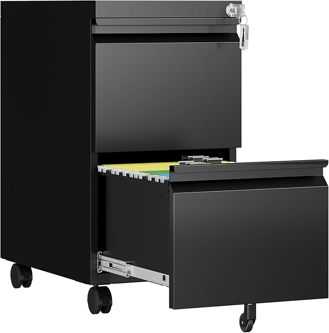 2 Drawer File Cabinet with Lock, Rolling File Cabinets for Home Office, Small Metal Filing Cabinet Office Drawers Under Desk for Letters/Legal/A4 Size, Assembly Required