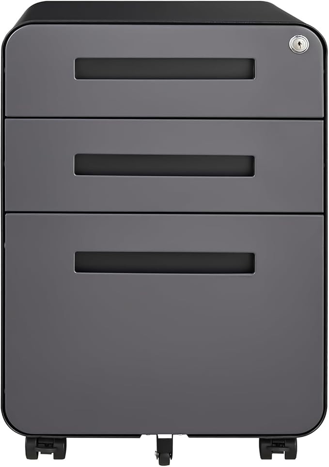 3 Drawer Mobile File Cabinet with Lock, Under Desk Metal Filing Cabinet for Home Office, Assembled Removable Under Desk Storage with Wheels for A4-Size/Letter-Size/Legal-Size (Grey)