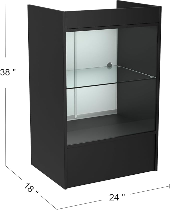24”W * 18”D * 38”H - Cash Register Stand， Black Cash Wrap Checkout Desk，Counter Stand with Glass Display Cabinet for Retail
