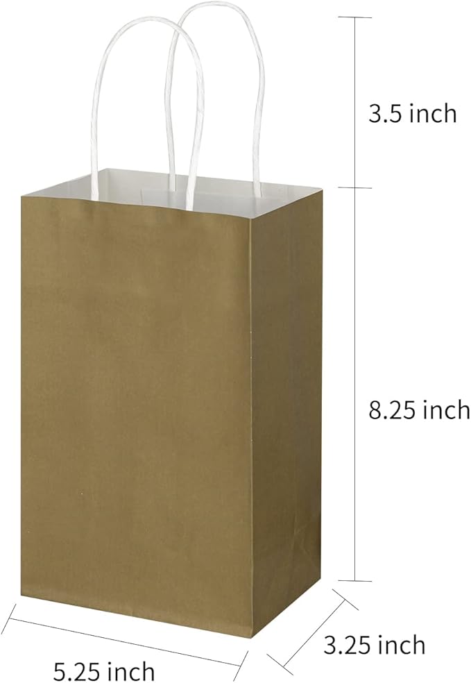 Toovip 100 Pack 5.25x3.25x8.25 Inch Small Gold Kraft Paper Bags with Handles Bulk, Gift Wrap Bags for Favor Grocery Retail Party Birthday Shopping Business Goody Craft Merchandise Take Out Cub Sacks