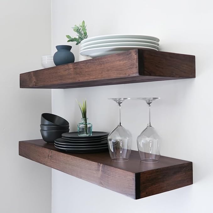 Urbandi Modern Floating Shelves 3 Inches Thick for Wall, Wide Shelves for Kitchen, Living Room, Bedroom, and Bathroom, Natural Pine Wood, Rustic Wooden Shelf, (Set of 2) (Provincial, 24Lx3Hx8D)