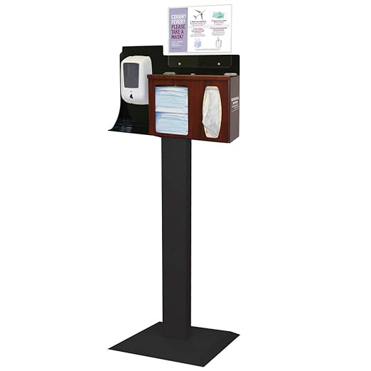 Cover Your Cough Compliance Kit–Locking holds 1 mounted sanitizer, 2 masks, 1-2 boxes tissues Locking lid kit includes floor Stand, 17"l x 22.25"W x 58.29"H