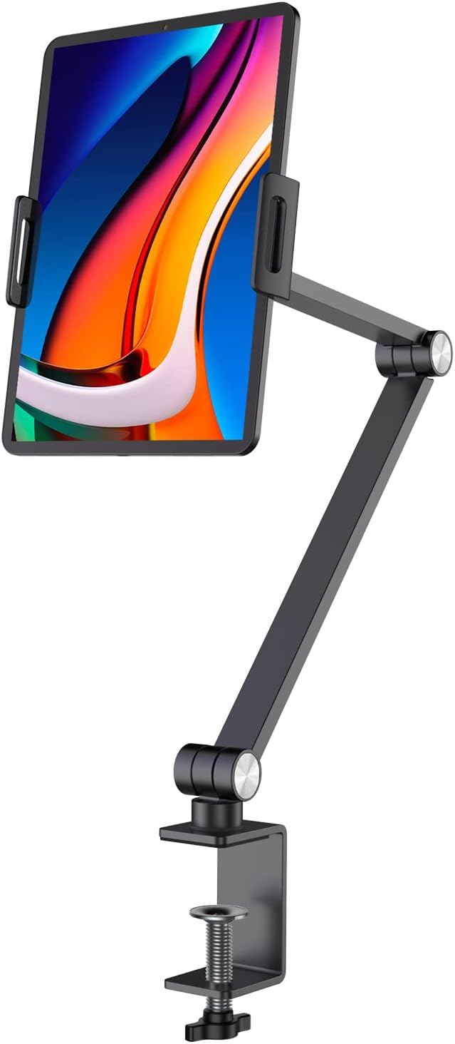 BEWISER iPad Desk Mount, Tablet Stand Holder for Desk or Bed,Rotate 360 Degrees of Flexible, Height and Angle Adjustable, Aluminium Alloy Arm Clamp Mount Compatible with4.7-15.6" Screen (Space Gray)