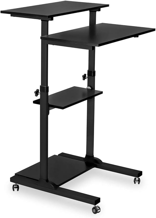 Mount-It! Black Rolling Standing Desk, Adjustable Height up to 54.7", Portable Laptop Podium Desk on Wheels, Mobile Computer Workstation with 4 Shelves, Presentation Cart for Home Office or Classroom