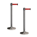 CCW Set of 2 Retractable Belt Barriers Stanchion, Polished Stainless Steel Post, RBB-100 (7.5 Foot Belt, Red Belt)