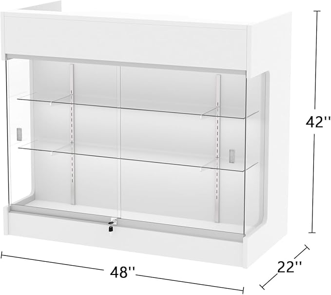 48" W x 22" D x 42" H - Tempered Glass Retail Display Case, White Reception Desk, Retail Checkout Counter with Lockable Drawers, Suitable for Offices, Retail Stores and Boutiques