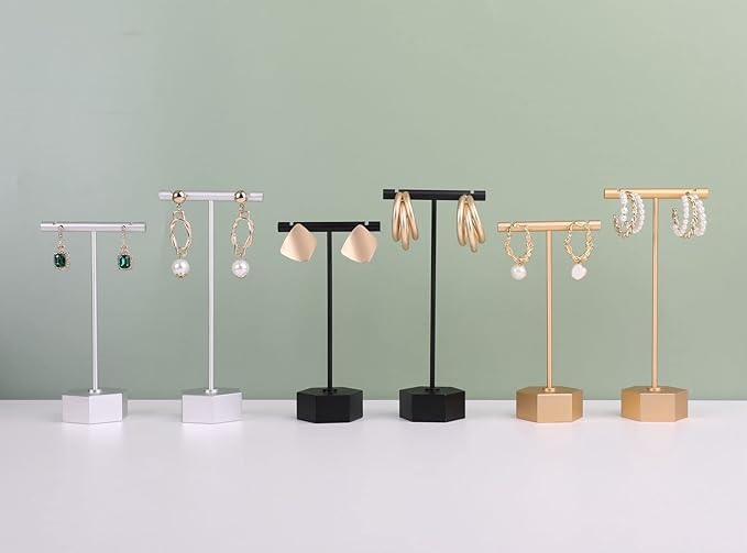 GemeShou Black Metal 2pcs Earring Display T Stand for Show, T Bar Jewelry Holder Tree for Retail Photography 【Black-Hexagon Base 2pcs Height 4.5" and 5.3"】