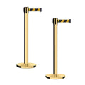 Montour Line MI650 Set of 2 Retractable Belt Barrier Stanchion, Cast Iron Base, Polished Brass Post (16 ft Black and Yellow Diagonal Belt)