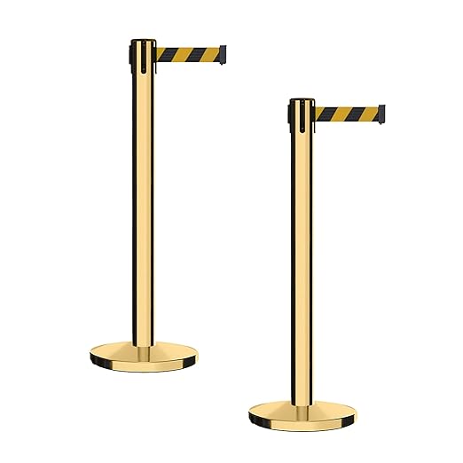 Montour Line MI650 Set of 2 Retractable Belt Barrier Stanchion, Cast Iron Base, Polished Brass Post (16 ft Black and Yellow Diagonal Belt)