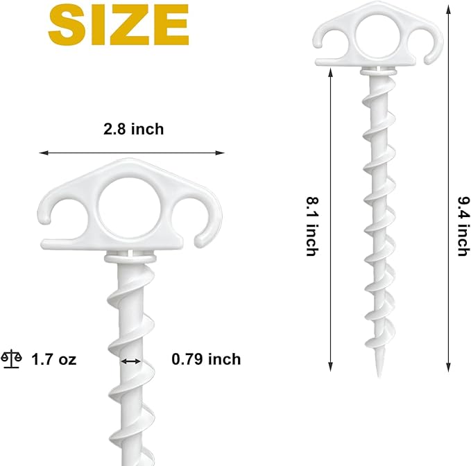 Tent Stakes Ground Anchors Screw in, 10 Pack Sand Stakes for Beach 9.4 Inch Heavy Duty Spiral Tent Pegs for Camping, Party, Hiking, Outdoor Decoration (10, White)