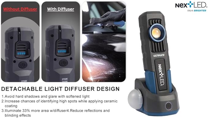 NextLED Ultimate NT-6692M Professional Rechargeable Auto Detailing Light, CRI 96+ Color Match & Ceramic Coating Light, 5 Color Temps, 500 Lumens, W/Light Diffuser, IPX6, 3-Year Warranty