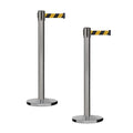Montour Line MI650 Set of 2 Retractable Belt Barrier Stanchion, Cast Iron Base, Black Satin Stainless Steel Post (16 ft Black and Yellow Diagonal Belt)