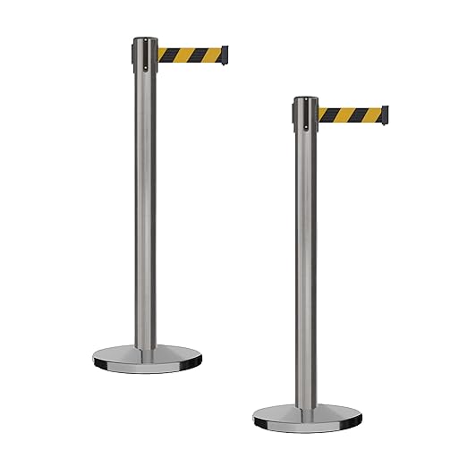 Montour Line MI650 Set of 2 Retractable Belt Barrier Stanchion, Cast Iron Base, Black Satin Stainless Steel Post (16 ft Black and Yellow Diagonal Belt)