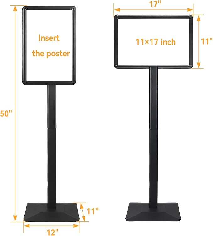 Heavy Duty Pedestal Sign holder floor stand Adjustable Sign Stand for Vertical and Horizontal view Poster Stand with Aluminum Frame for Display 11 x 17 inch Black