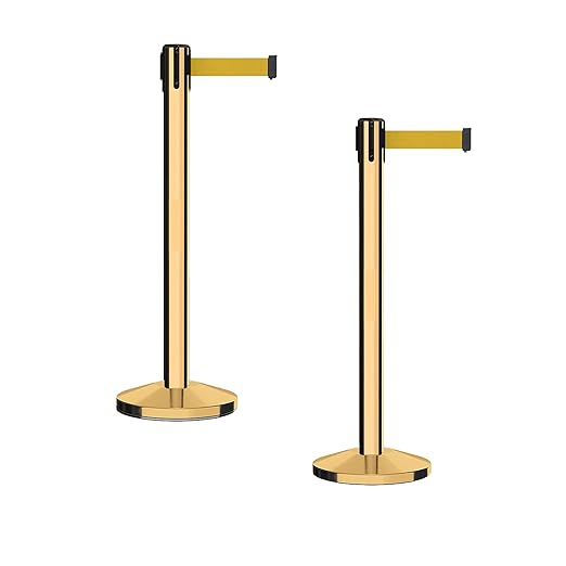 Crowd Control Warehouse CCW Series RBB-150 - Set of 2 Stanchion Retractable Belt Barriers - 16 Foot, Yellow Belt with Polished Brass Steel Post - Easy Assembly