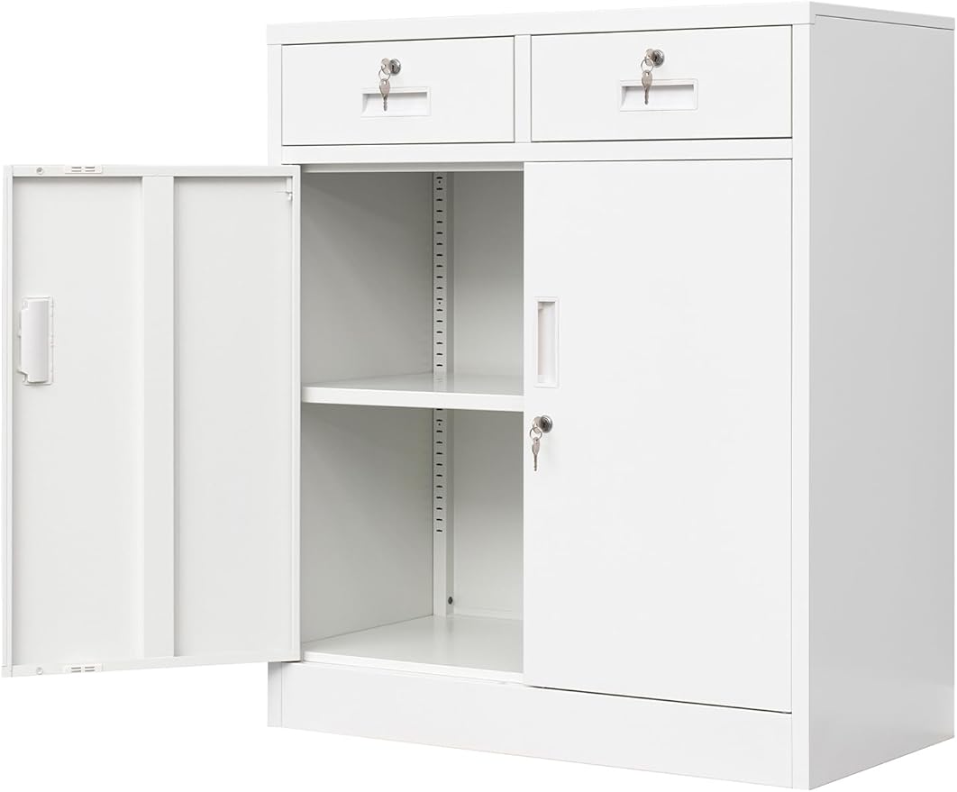 Metal Storage Cabinet, Locking Storage Cabinet with Adjustable Shelf, 36" H Metal Cabinets with 2 Drawers for Office, Garage, Home-White