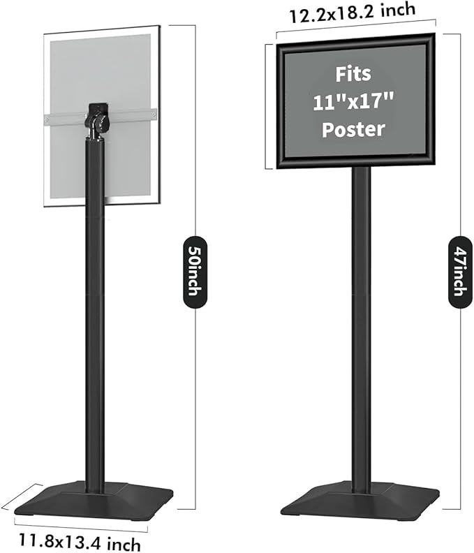 Heavy Duty Adjustable Pedestal Poster Sign Stand, 11x17 Aluminum Open Floor Standing Sign Holder for Vertical and Horizontal View Display, Black