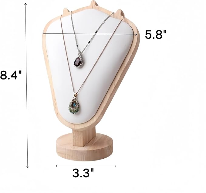 Natural Body Wood Necklace Display Stand with White Leather Soft Mat Necklace Holder Organizer Desktop Stand for Home Store Dresser-3.3"x5.8"x8.4"