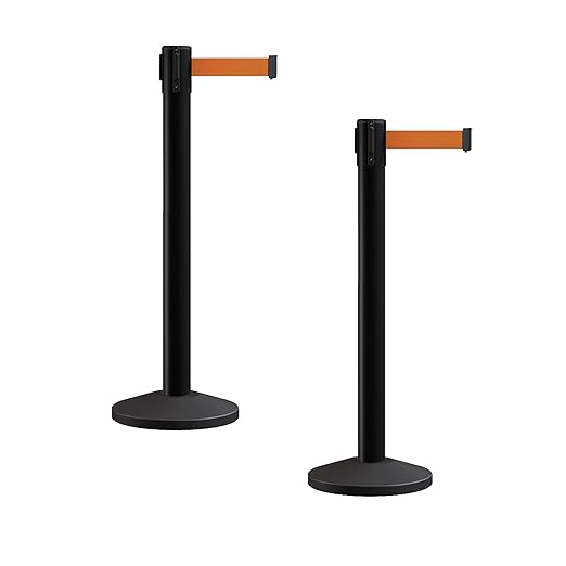 Crowd Control Warehouse CCW Series RBB-150 - Set of 2 Stanchion Retractable Belt Barriers - 16 Foot, Orange Belt with Black Steel Post - Easy Assembly