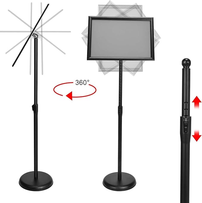 GUOHONG Sign Holder Aluminum Poster Stand ,Adjustable Stand Height, Poster Frame Revolvable To Either Horizontal or Vertical View Display, Round Base (11x17 inches)