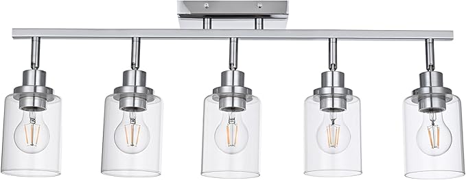 5-Light Track Lighting Kit Ceiling Kitchen Track Lighting Fixtures Chrome Bathroom Vanity Wall Lights with Clear Glass Multi-Directional Rotating Tracking Light Heads Spotlight for Accent Shop