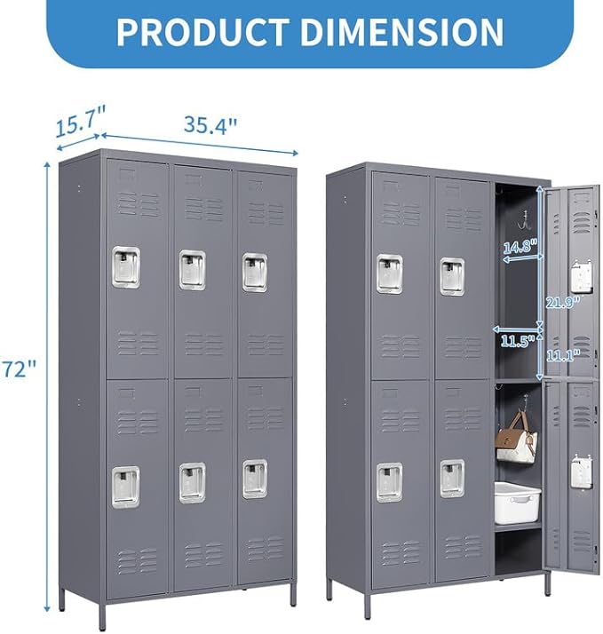 6 Door Locker with Lock, Metal Storage Locker Cabinet with for Employees Organizer, Office, School, Gym, Home, Require Assembly (Grey)