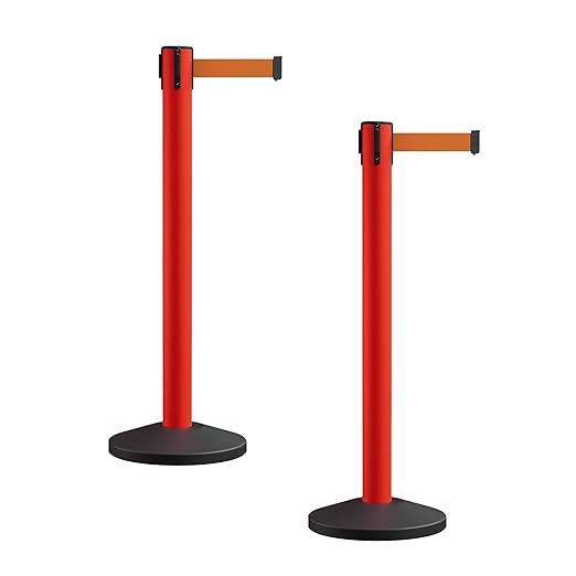 Crowd Control Warehouse CCW Series RBB-150 - Set of 2 Stanchion Retractable Belt Barriers - 16 Foot, Orange Belt with Red Post - Easy Assembly