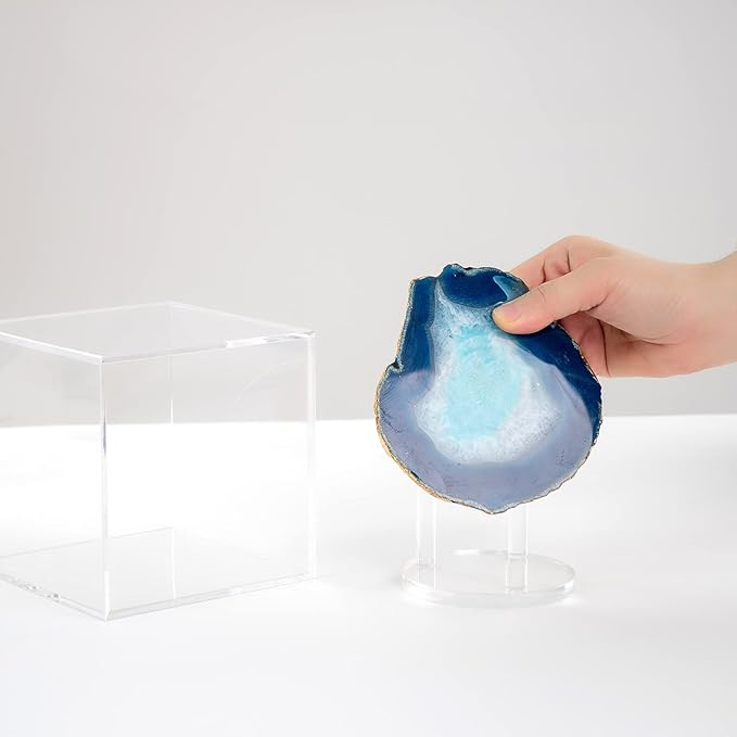 Clear Acrylic Mineral Geode Fossil Coral 3-Peg Round Holder Dustproof Box, Painted Rock Agate Crystal Small Collectibles Display Stands Easel, Multiple Display Box (Large-5x5x5in, 1Pcs)