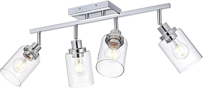 4-Light Track Lighting Kit Ceiling Kitchen Track Lighting Fixtures Chrome Bathroom Vanity Wall Lights with Clear Glass Multi-Directional Rotating Tracking Light Heads Spotlight for Accent Shop