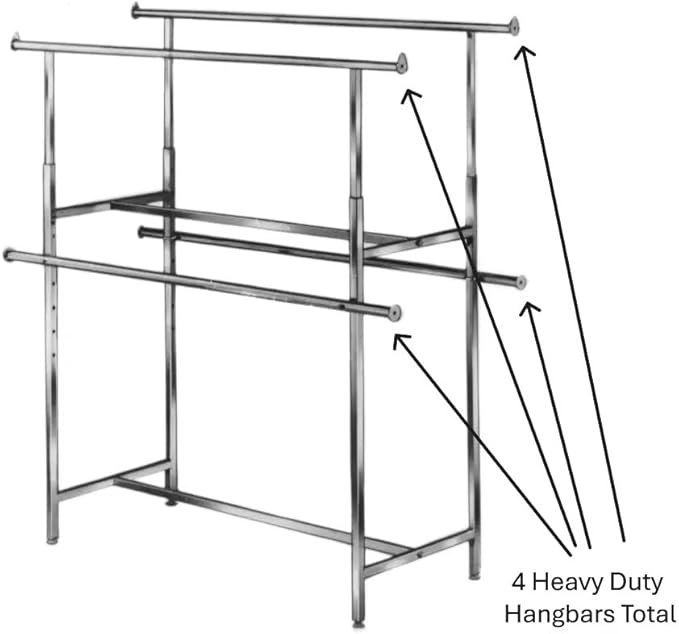 Econoco Double Bar Clothing Rack – Adjustable Garment Display with Rectangular Hangrail, Chrome (Base + Hang Bars)
