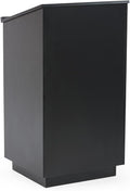 45.5" Tall Podium with Locking Cabinet, Inner Shelf, 25" Wide Angled Surface with Lip (Black)