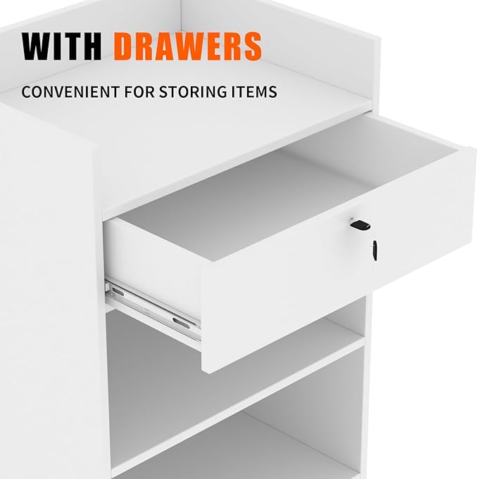24”W * 18”D * 38”H - Cash Register Stand，Cash Wrap Checkout Desk Counter Stand with Drawer & 2 Tiers Storage for Church, Retail Store, Debate, Shopping Mall (White)