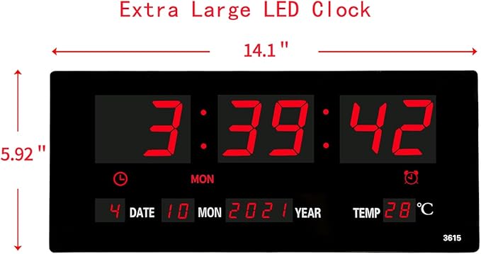 14.1 Inch Red Digital Wall Clock, Date/Day/Temperature Display, Energy Saving LEDs, Foldable Stand