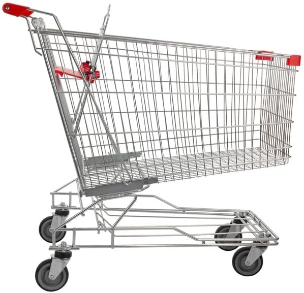 Supermarket Shopping Cart, Silver Metal, 8.5 Cu. Ft. Storage Capacity, 395 lb Weight Limit, 41.7x22.8x40.2 Inches, Child Seat with Safety Belt