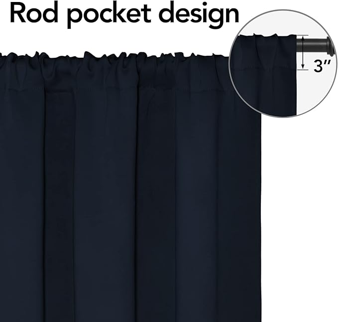 Easy-Going Rod Pocket Blackout Curtains for Bedroom, Room Darkening Window Curtains for Living Room, Thermal Insulated Noise Reduction Solid Window Drapes, 2 Panels(42x45 in, Navy)