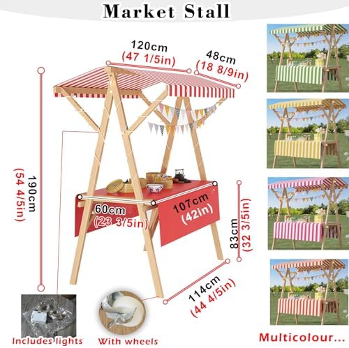 Foldable Wooden Market Stall Display Stand with Canopy & Tablecloth - Outdoor Retail Kiosk for Crafts, Food, Toys & Lemonade - Portable Concession Booth (Red, 180x60cm)